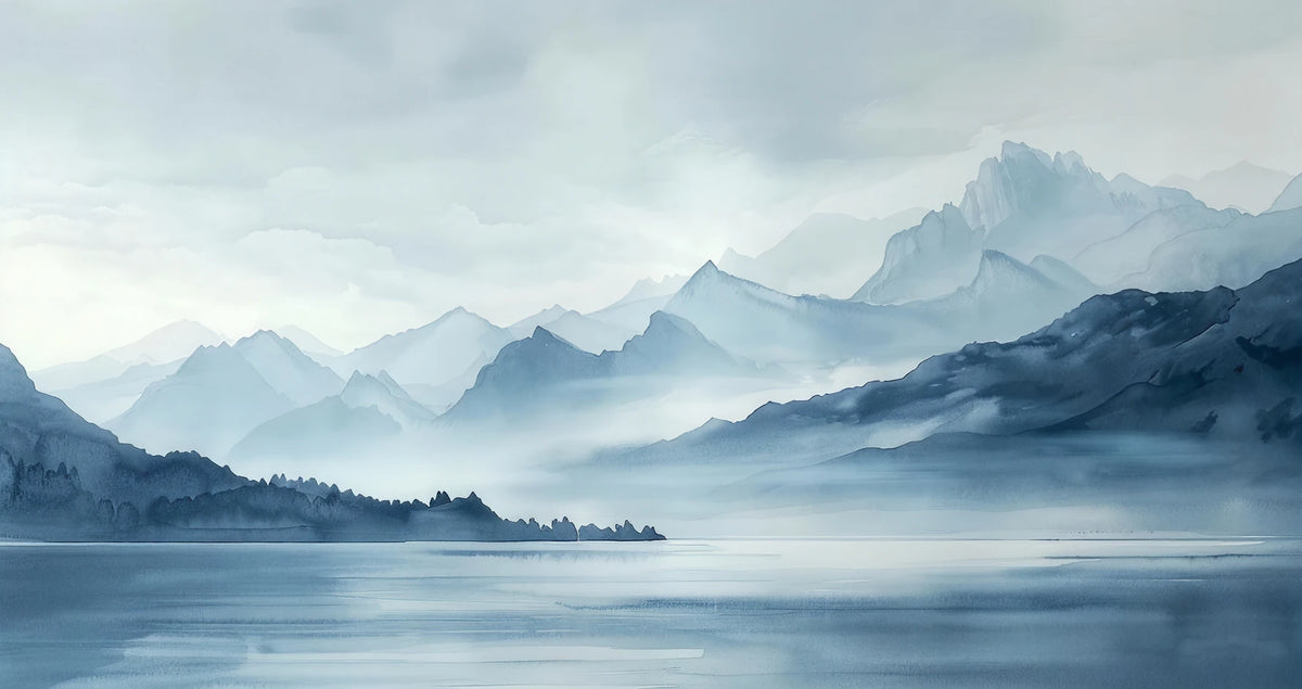 Papier peint panoramique Lac et montagnes bleu ardoise, aquarelle : vue à plat, lac calme au pied de montagnes bleu ardoise, ciel nuageux clair
