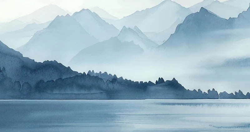 Papier peint panoramique Lac et montagnes bleu ardoise, aquarelle : détail du motif, rive et reflets sur le lac