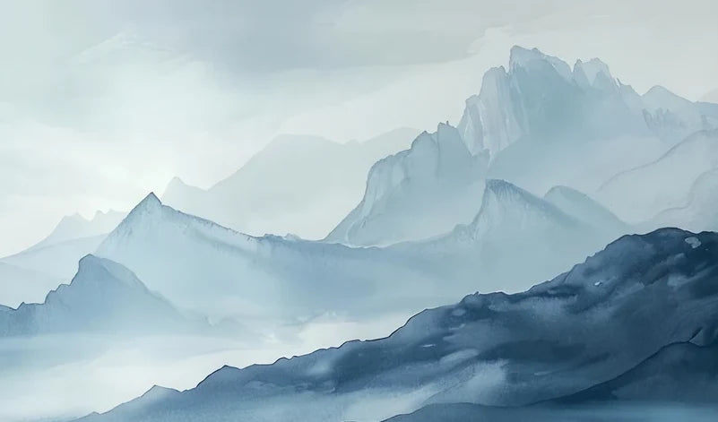 Papier peint panoramique Lac et montagnes bleu ardoise, aquarelle : détail du motif, sommets bleu ardoise et nuages