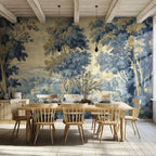 Papier peint panoramique Verdure ancienne bleu et ocre : paysage de verdure à la manière d'une tapisserie ancienne, bleu et ocre, posé dans une salle à manger