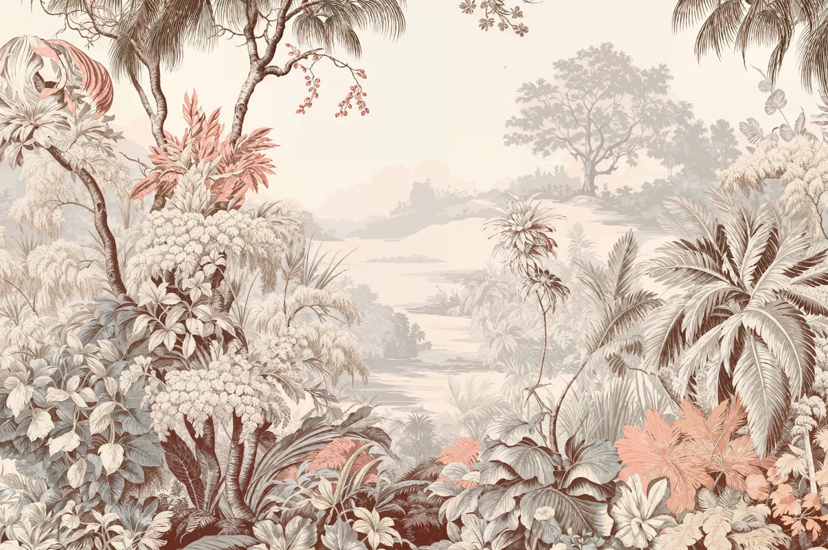 Papier peint panoramique Jungle gravée sépia et terracotta : vue à plat, palmiers, fleurs et feuillages gravés en sépia et terracotta, lac et collines au loin