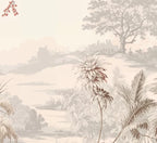 Papier peint panoramique Jungle gravée sépia et terracotta : détail du motif, lac et collines