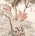 Papier peint panoramique Jungle gravée sépia et terracotta : détail du motif, palmier et feuillages terracotta