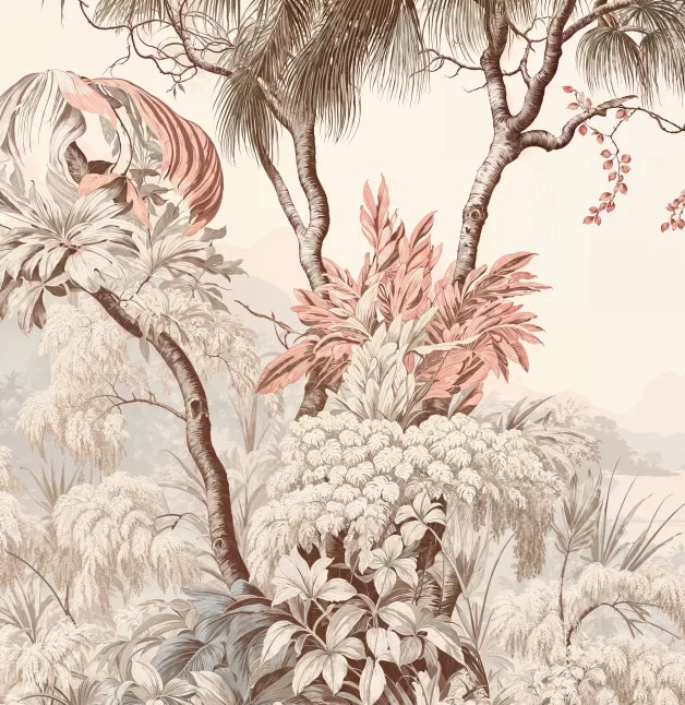 Papier peint panoramique Jungle gravée sépia et terracotta : détail du motif, palmier et feuillages terracotta