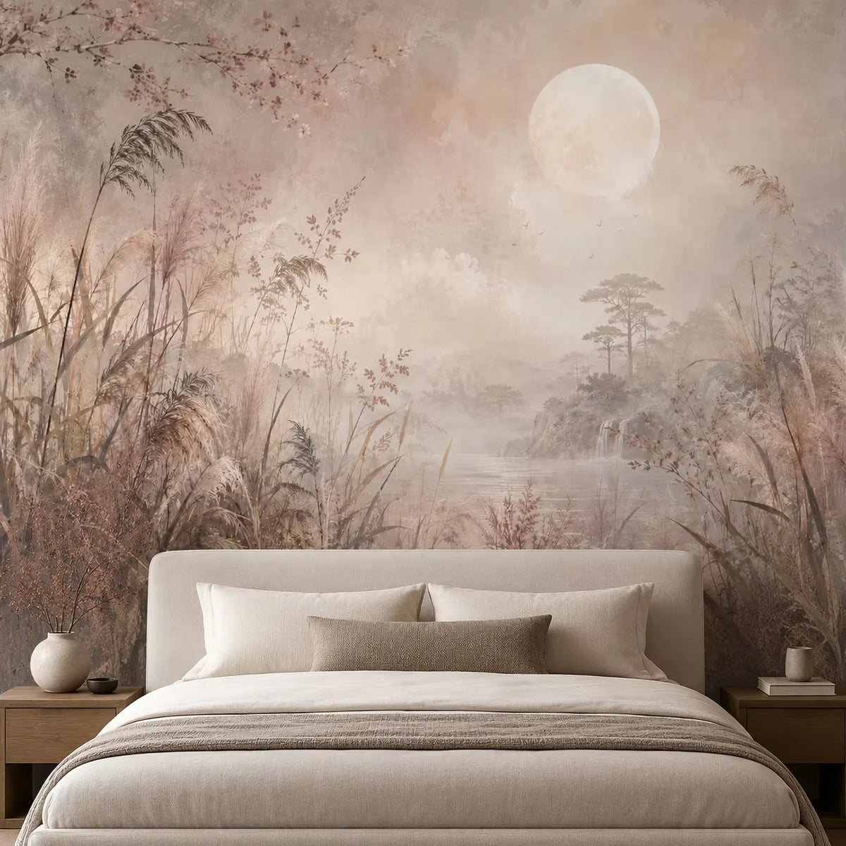 Papier peint panoramique Lune et herbes folles vieux rose : lune et herbes folles vieux rose derrière un lit