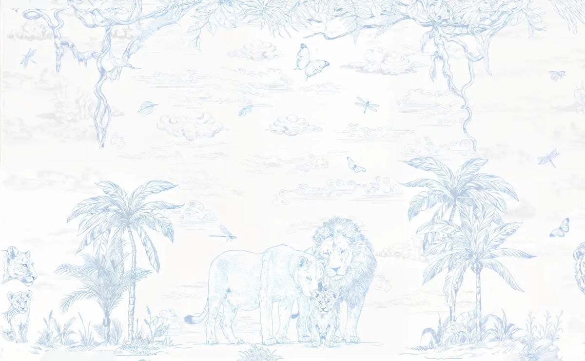 Papier peint panoramique Toile safari bleu ciel : vue à plat, lions, palmiers et lianes dessinés au trait bleu ciel sur fond blanc