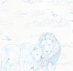 Papier peint panoramique Toile safari bleu ciel : détail du motif, famille de lions au trait bleu