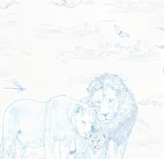 Papier peint panoramique Toile safari bleu ciel : détail du motif, famille de lions au trait bleu