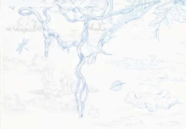 Papier peint panoramique Toile safari bleu ciel : détail du motif, lianes et papillons