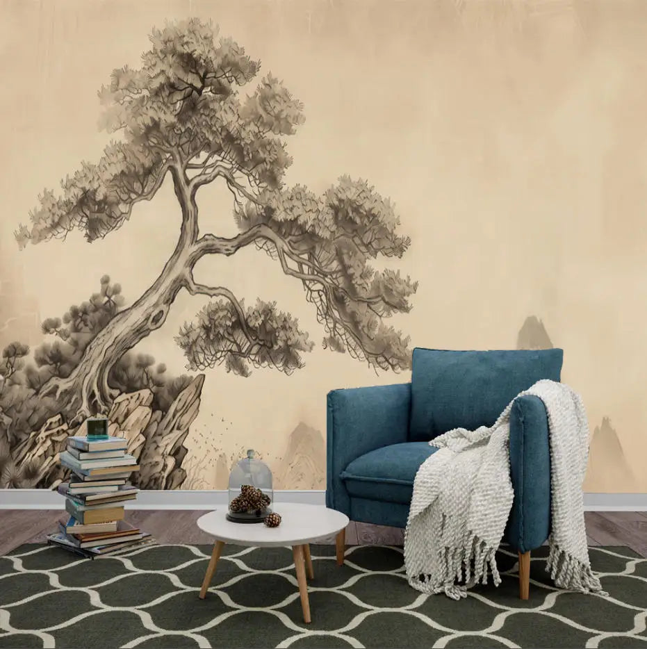 Papier peint panoramique Pin sur le rocher à l'encre sépia : pin à l'encre sépia derrière un fauteuil bleu