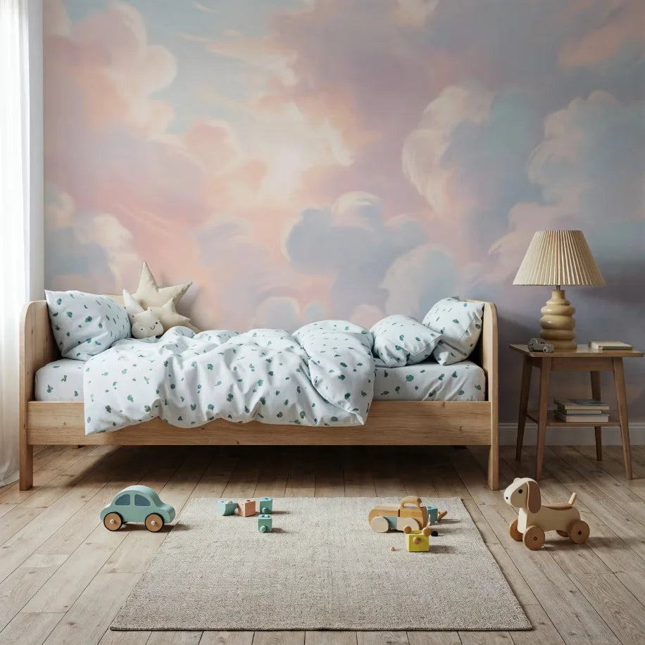 Papier peint effet nuages peints pêche et bleu brume : ciel de nuages peints pêche et bleu brume derrière un lit d'enfant en bois