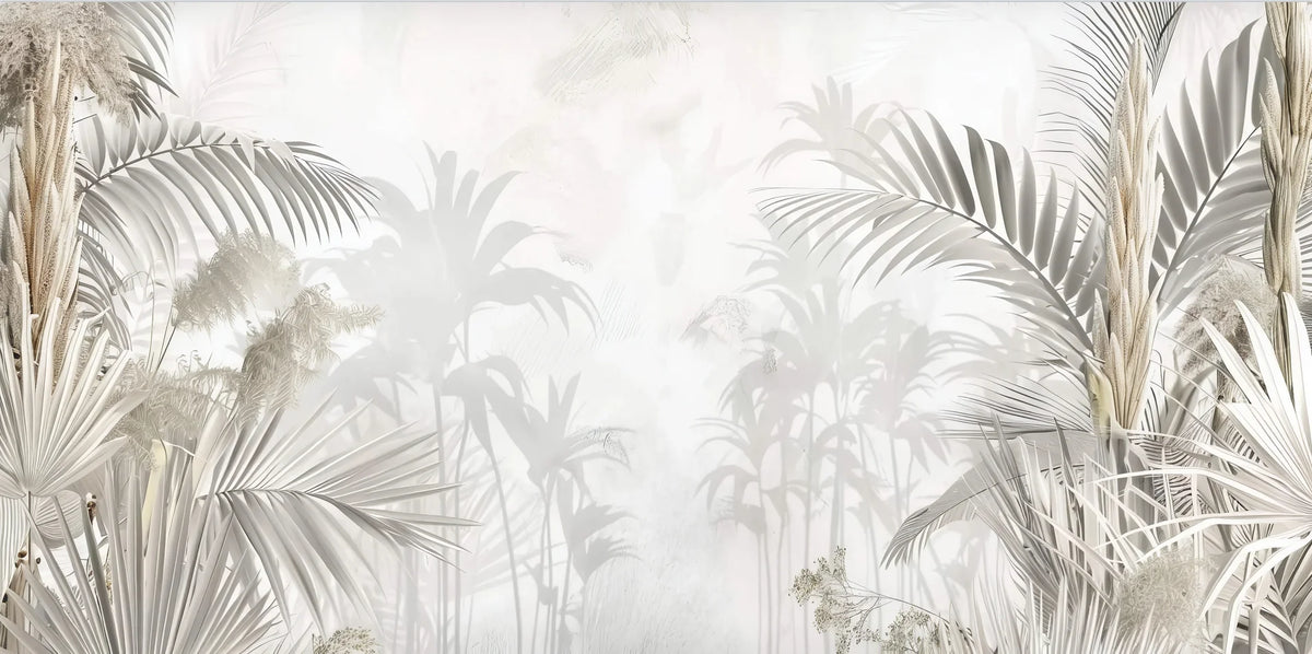 Papier peint panoramique Palmiers dans la brume beige : vue à plat, palmiers et herbes de la pampa dans une brume beige