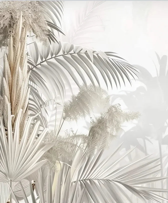 Papier peint panoramique Palmiers dans la brume beige : détail du motif, palmes et herbes de la pampa