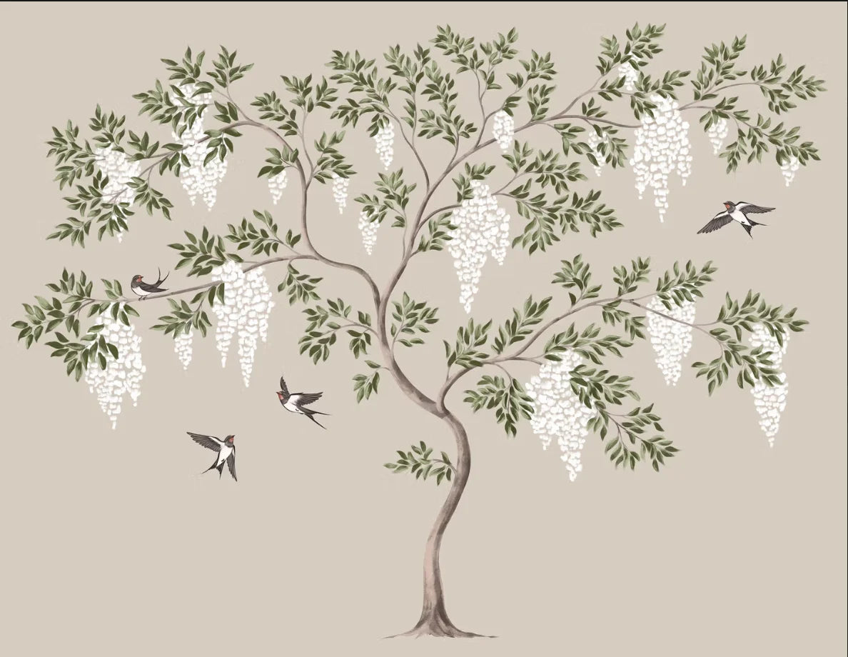 Papier peint panoramique Glycine et hirondelles lin : vue à plat du motif, arbre de glycine blanche et hirondelles sur fond lin
