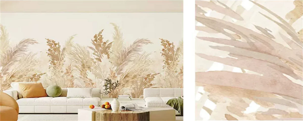 Papier peint panoramique Pampas et roseaux sable : herbes de la pampa et roseaux beige et sable sur fond crème, posé dans un salon