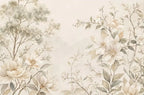Papier peint panoramique Fleurs peintes crème et sauge : vue du motif, fleurs crème et arbres fins peints aux deux extrémités, centre clair