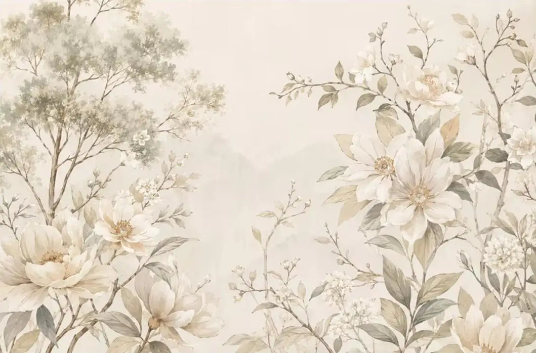 Papier peint panoramique Fleurs peintes crème et sauge : vue du motif, fleurs crème et arbres fins peints aux deux extrémités, centre clair