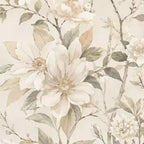 Papier peint panoramique Fleurs peintes crème et sauge : détail du motif, fleur crème et feuillage sauge