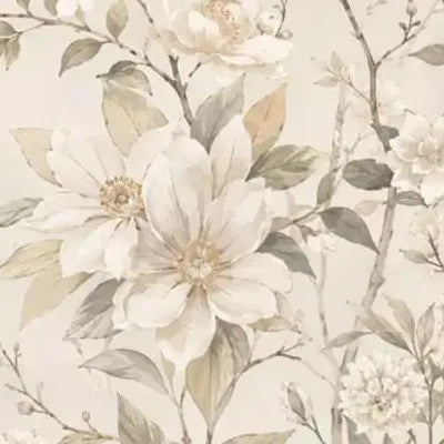 Papier peint panoramique Fleurs peintes crème et sauge : détail du motif, fleur crème et feuillage sauge