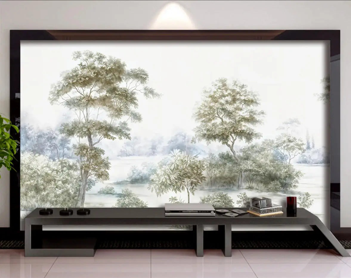 Papier peint panoramique Arbres et étang aquarelle vert tendre : arbres et étang à l'aquarelle vert tendre sur un grand panneau mural, meuble bas gris