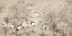 Papier peint panoramique Hérons sépia : vue à plat du motif, hérons et aigrettes dans les roseaux, camaïeu sépia