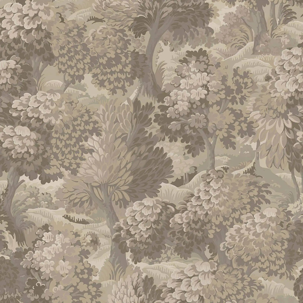 Papier peint panoramique Verdure ancienne taupe : vue du motif, frondaisons denses d'arbres et de feuillages en camaïeu de taupe et de grège