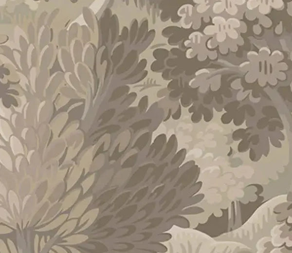 Papier peint panoramique Verdure ancienne taupe : détail du motif, feuillages en camaïeu taupe