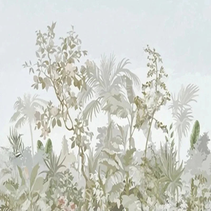 Papier peint panoramique Feuillages et palmiers peints vert sauge : vue du motif, feuillages, palmiers et arbustes fleuris peints en vert sauge sur fond clair