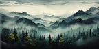 Papier peint panoramique Montagnes et pins au crépuscule : vue à plat du motif, crêtes brumeuses et pins vert sombre sous un ciel crème