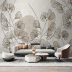 Papier peint panoramique Feuilles de ginkgo et formes sable : feuilles de ginkgo et formes sable dans un salon clair