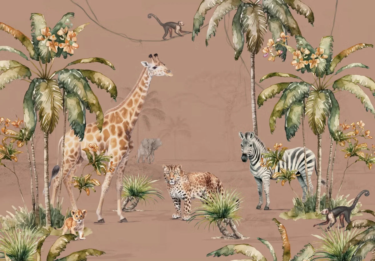 Papier peint panoramique Safari aquarelle fond terracotta : vue à plat, girafe, zèbre, léopards et palmiers à l'aquarelle sur un fond terracotta doux