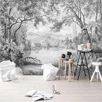 Papier peint panoramique Lac tropical gravé noir et blanc : lac tropical gravé noir et blanc dans un atelier lumineux