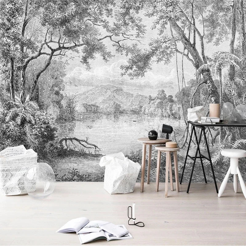 Papier peint panoramique Lac tropical gravé noir et blanc : lac tropical gravé noir et blanc dans un atelier lumineux