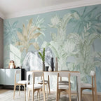 Papier peint panoramique Éléphant dans la jungle vert d'eau : éléphant dans la jungle vert d'eau dans une salle à manger lumineuse