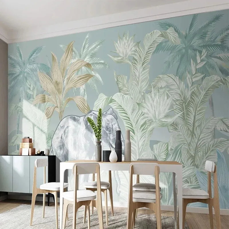 Papier peint panoramique Éléphant dans la jungle vert d'eau : éléphant dans la jungle vert d'eau dans une salle à manger lumineuse
