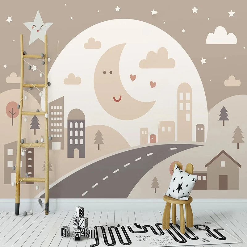 Papier peint panoramique Lune et petite ville beige : lune et petite ville beige dans une chambre d'enfant, à côté d'une échelle en bois