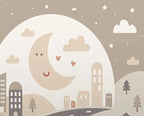 Papier peint panoramique Lune et petite ville beige : vue du motif, lune souriante, nuages, étoiles et petites maisons en camaïeu de beige