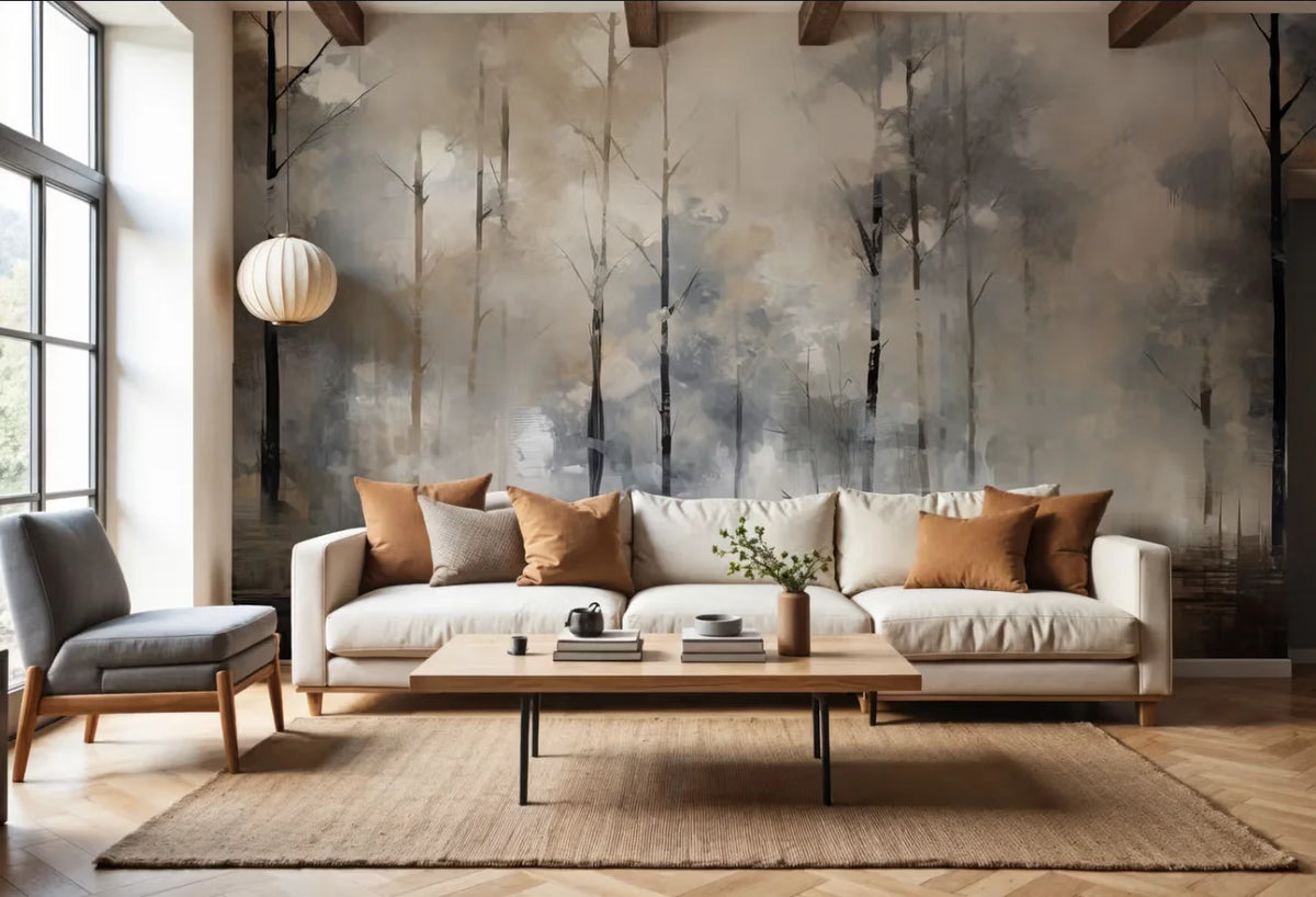 Papier peint panoramique Forêt et lac à l'encre : forêt et lac peints à l'encre en gris, beige et noir derrière un canapé crème et une table basse en bois