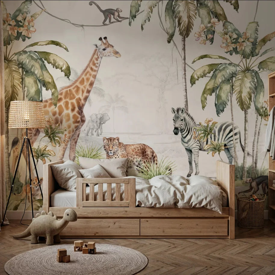 Papier peint panoramique Safari aquarelle : girafe, zèbre, guépard et palmiers à l'aquarelle sur fond crème, posé dans une chambre d'enfant