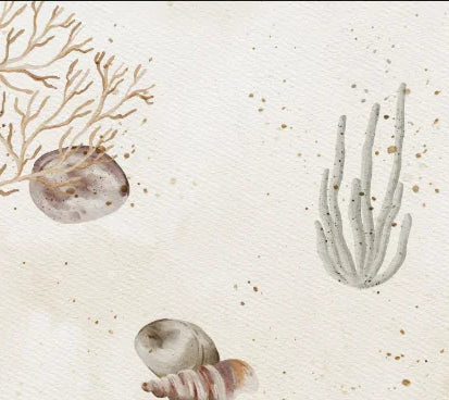 Papier peint panoramique Coquillages et étoile de mer fond sable : détail du motif, coraux beige et coquillage