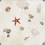 Papier peint panoramique Coquillages et étoile de mer fond sable : vue à plat, coquillages, coraux et étoile de mer à l'aquarelle sur fond sable moucheté