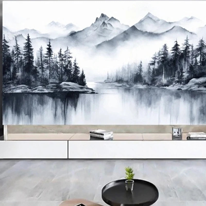 Papier peint panoramique Montagnes et sapins à l'encre : montagnes et sapins à l'encre au-dessus d'un meuble blanc