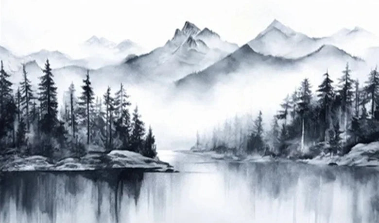 Papier peint panoramique Montagnes et sapins à l'encre : vue du motif, montagnes enneigées, sapins et reflets dans un lac, à l'encre gris-bleu