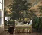 Papier peint panoramique Grands chênes et ciel nuageux, peinture ancienne : grands chênes et ciel nuageux peints dans une chambre d'enfant, lit à barreaux blanc et lampe de chevet