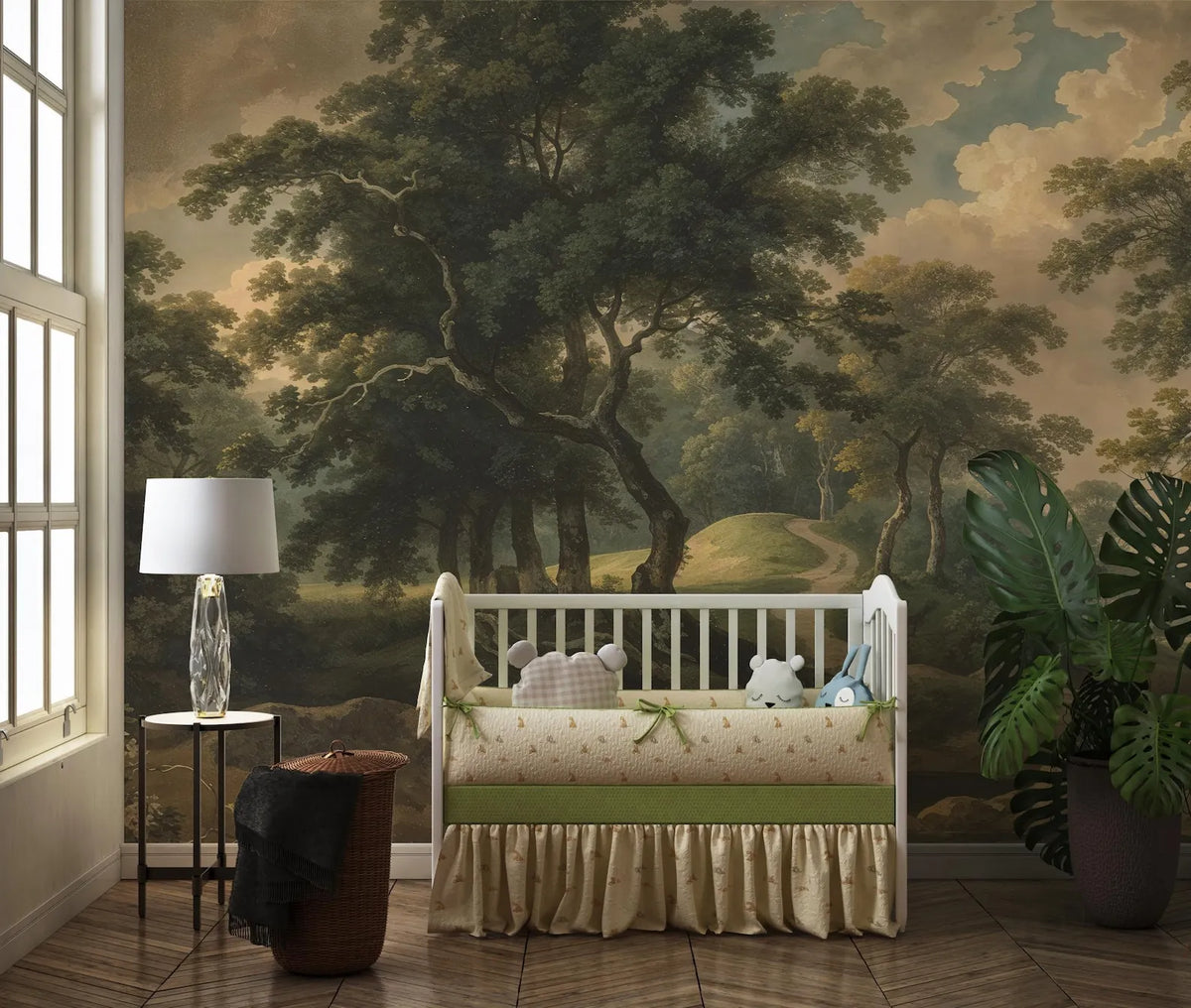 Papier peint panoramique Grands chênes et ciel nuageux, peinture ancienne : grands chênes et ciel nuageux peints dans une chambre d'enfant, lit à barreaux blanc et lampe de chevet