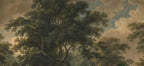 Papier peint panoramique Grands chênes et ciel nuageux, peinture ancienne : vue du motif, grands chênes, colline et ciel nuageux