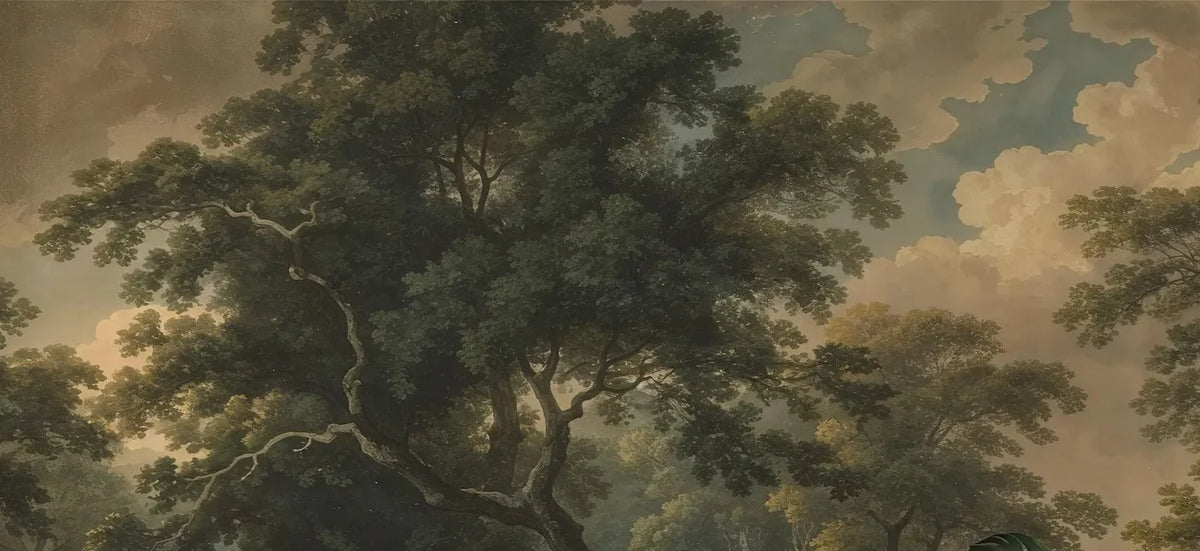 Papier peint panoramique Grands chênes et ciel nuageux, peinture ancienne : vue du motif, grands chênes, colline et ciel nuageux
