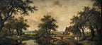 Papier peint panoramique Campagne au troupeau, peinture ancienne : vue du motif, arbres, mare, ferme et vaches dans une campagne dorée