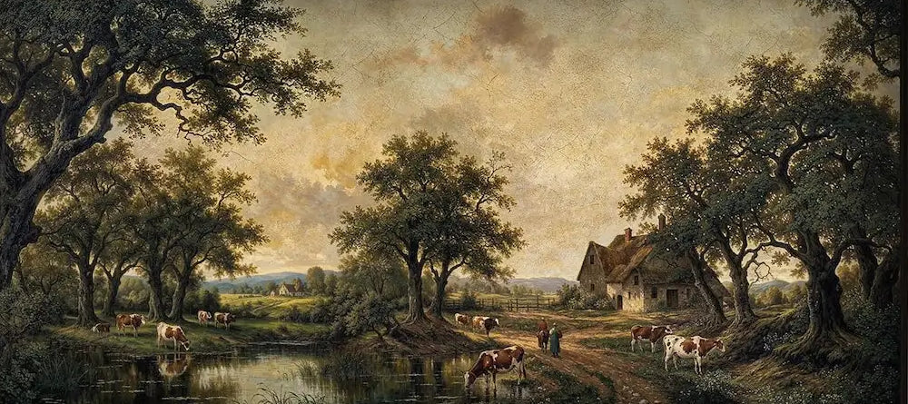Papier peint panoramique Campagne au troupeau, peinture ancienne : vue du motif, arbres, mare, ferme et vaches dans une campagne dorée