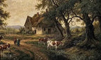 Papier peint panoramique Campagne au troupeau, peinture ancienne : détail du motif, troupeau près de la ferme
